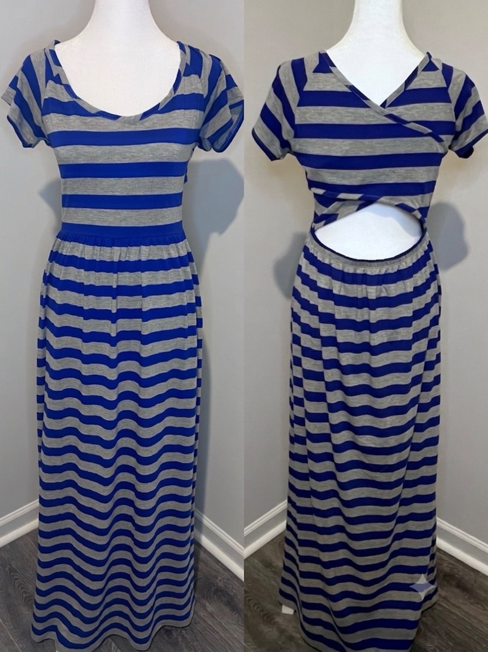 Striped Blue and Gray Cutout Maxi Dress